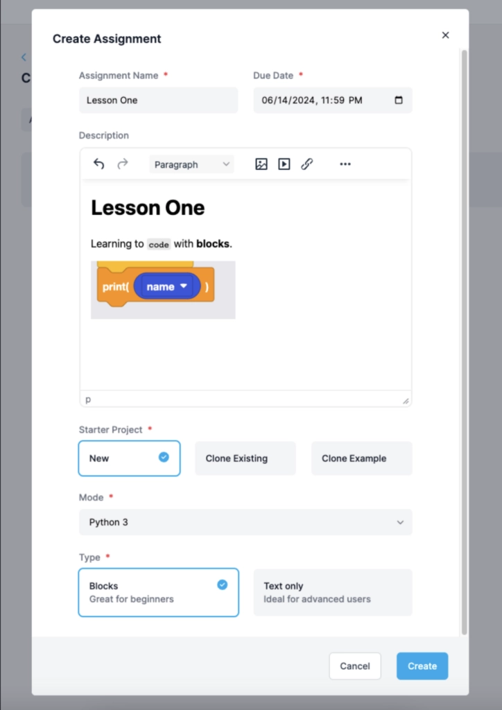 create assignment