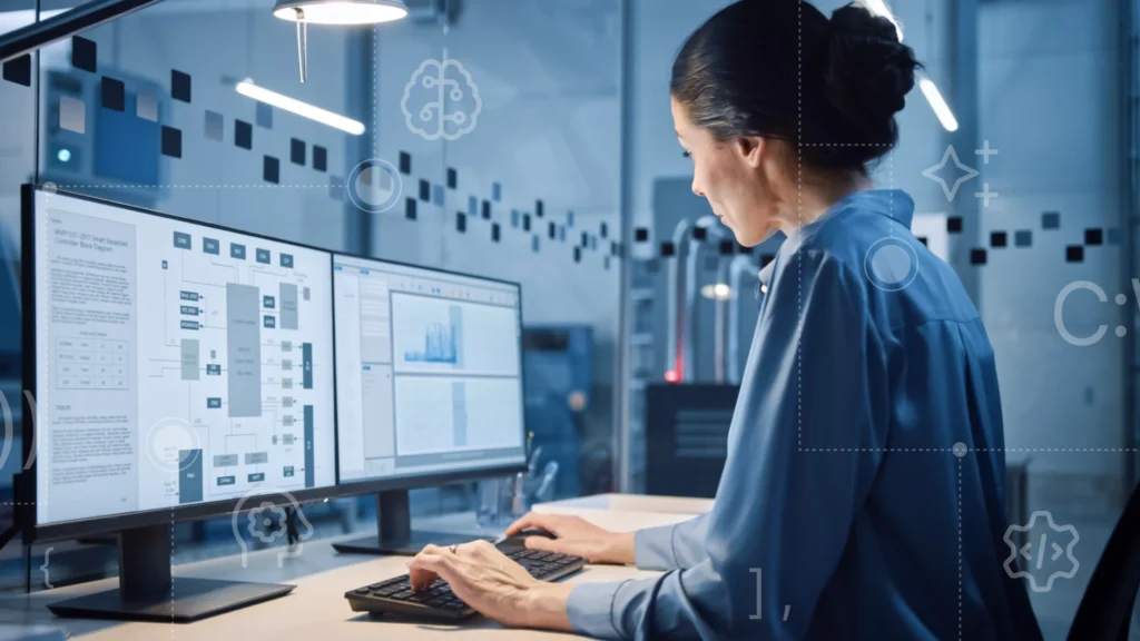 Woman working on laptop with dual monitors displaying data visualizations in a modern office.