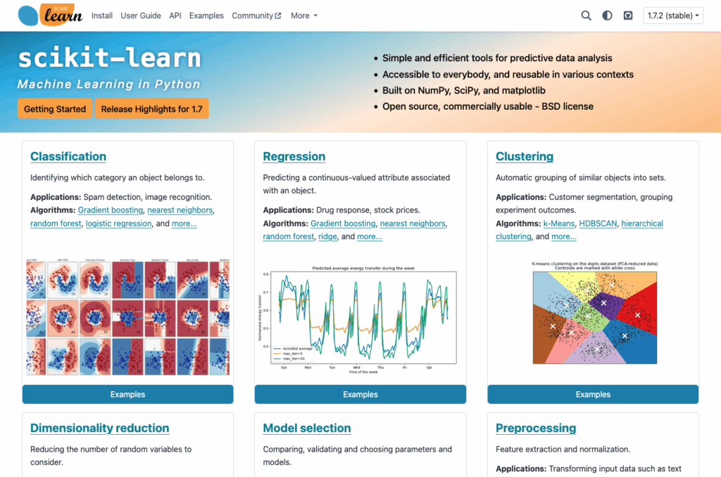 Scikit-learn is an open source Python library designed for machine learning, offering tools for data preprocessing, model training, and evaluation.