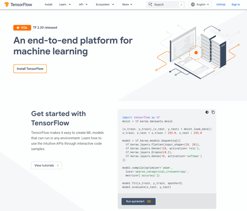TensorFlow is a popular open-source, community-maintained library first developed by Google for creating and training machine learning models.