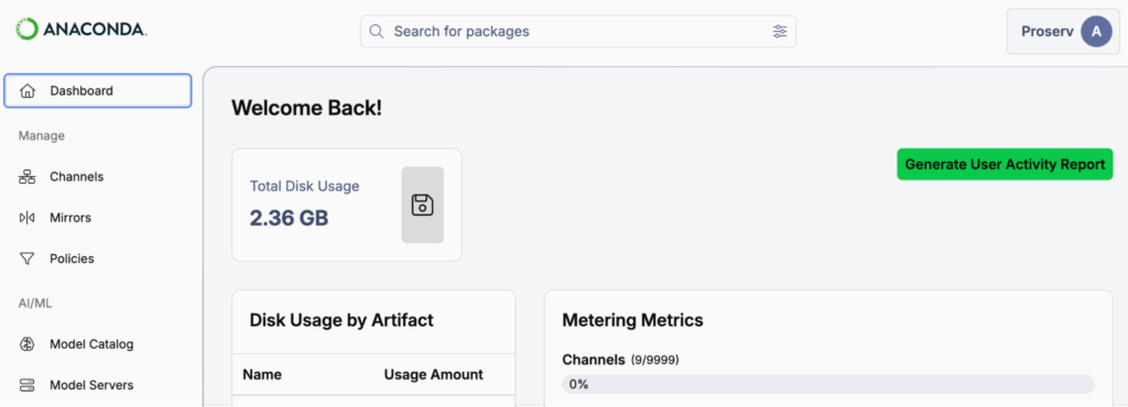 AI Catalyst dashboard showing the Welcome Back screen with navigation sidebar including Dashboard, Channels, Mirrors, Policies, Model Catalog, and Model Servers options