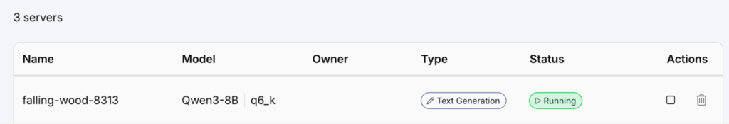 AI Catalyst Model Servers interface displaying a running Qwen3-8B model server named falling-wood-8313 with Text Generation type and Running status