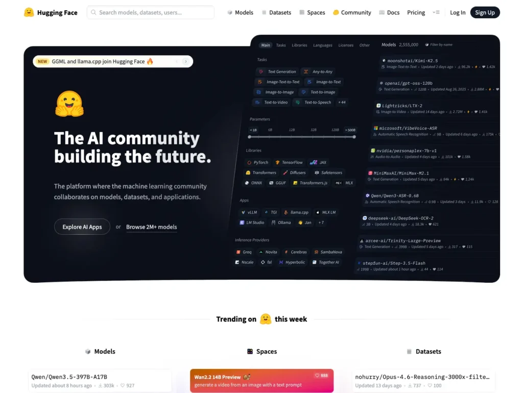 Hugging Face homepage showing 2.5 million+ models available for the ML community