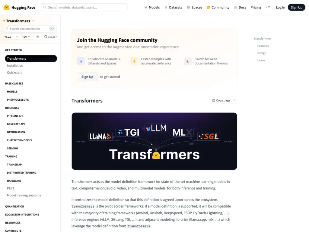 Hugging Face Transformers v5.2 documentation page showing supported frameworks including PyTorch, TensorFlow, and JAX