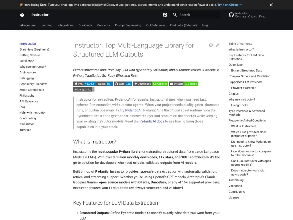 Instructor Python library documentation page for structured LLM outputs with 8.5M monthly downloads