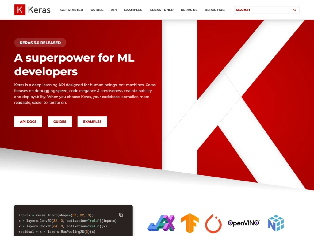 Keras 3.0 homepage describing it as "a superpower for ML developers" with multi-framework support