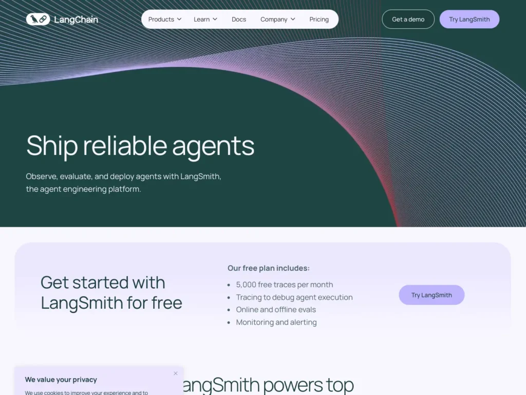 LangSmith by LangChain homepage promoting agent observability and deployment platform