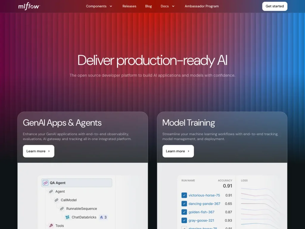 MLflow homepage showing GenAI apps, agents, and model training capabilities