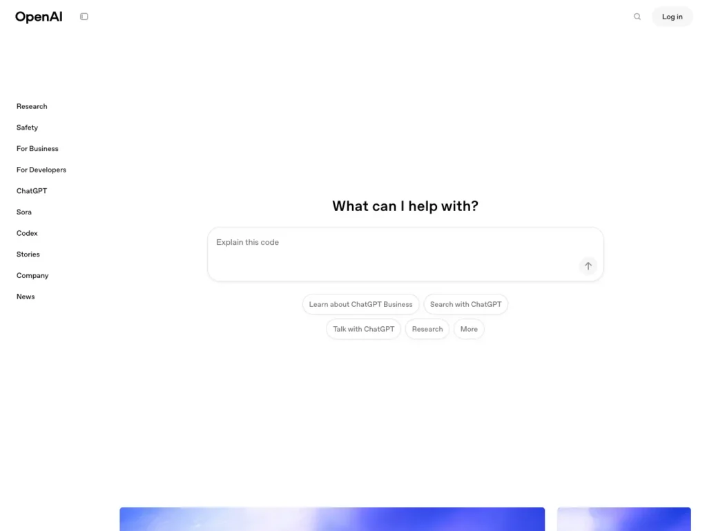 OpenAI homepage featuring ChatGPT interface with research, business, and developer navigation