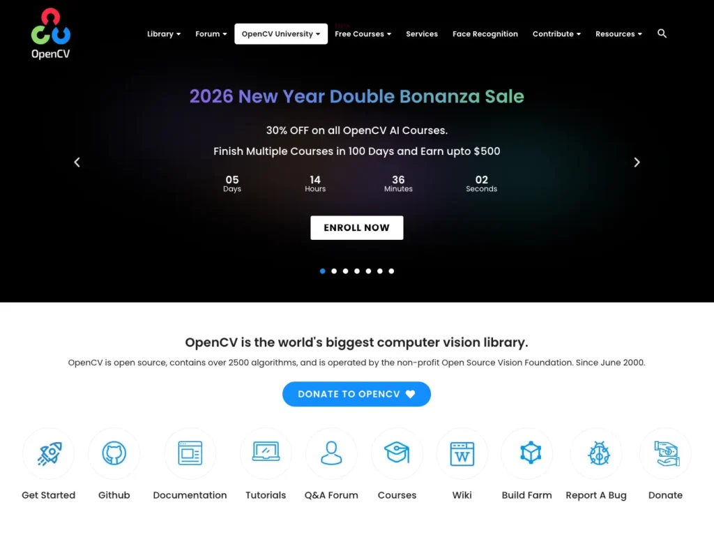 OpenCV homepage describing it as the world's biggest open source computer vision library with 2,500+ algorithms