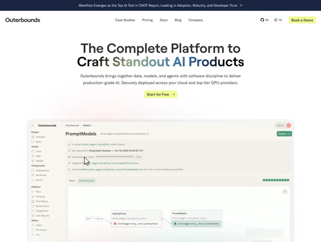 Outerbounds homepage for the Metaflow-based platform for building production-grade AI products