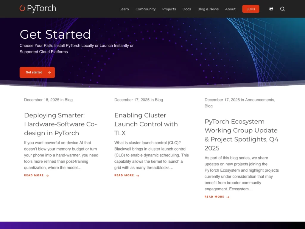 PyTorch homepage with get started options and recent blog posts on hardware-software co-design