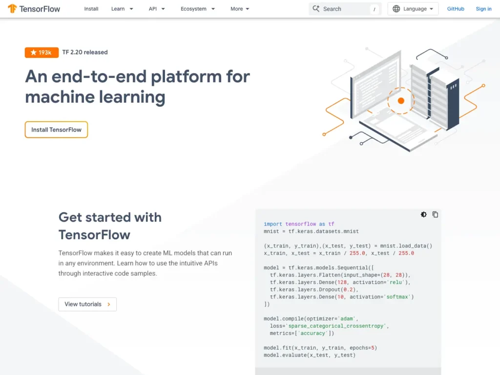 TensorFlow 2.20 homepage describing it as an end-to-end platform for machine learning with code examples