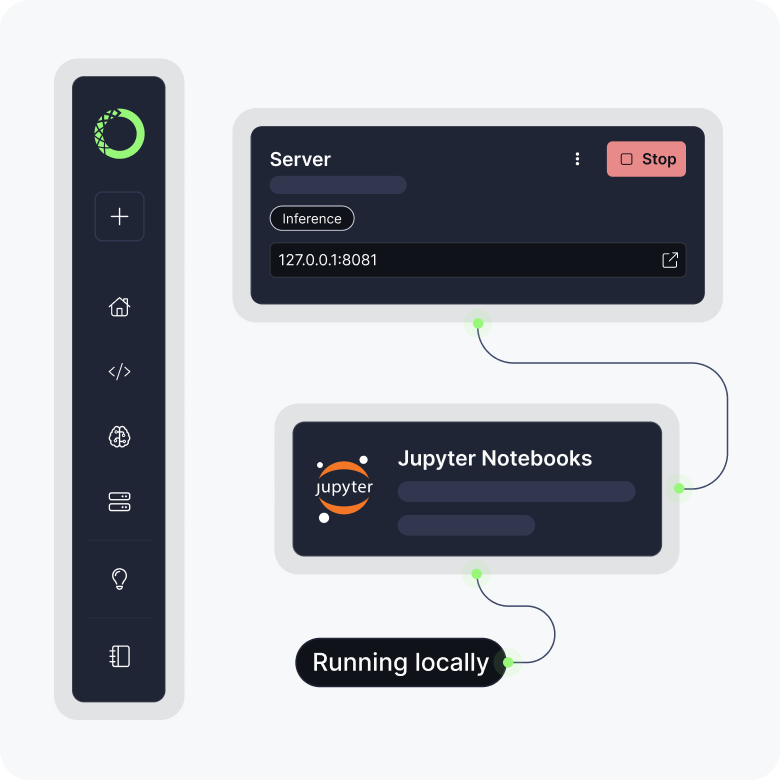 Illustration showing an API inference server running locally at 127.0.0.1:8081 alongside a connected Jupyter Notebooks instance, demonstrating Anaconda Desktop's ability to spin up and manage local model endpoints without cloud dependencies.