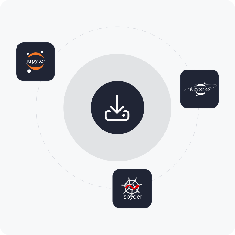 Illustration showing Anaconda Desktop as a central hub for launching data science tools, with Jupyter Notebook, JupyterLab, and Spyder application icons arranged around a download icon, representing one-click installation and launch of favorite development environments.