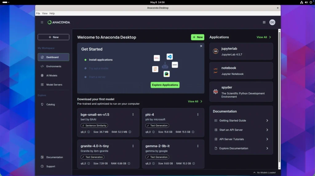 Anaconda Desktop welcome dashboard showing application options including JupyterLab, Notebook, Spyder, and a list of downloadable AI models