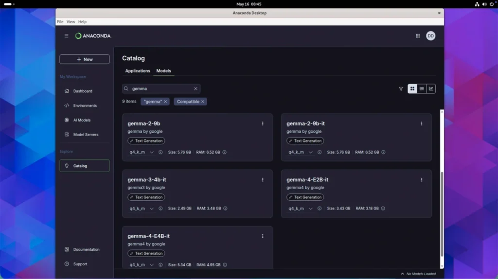Anaconda Desktop AI Models catalog filtered by "gemma," showing multiple Gemma model cards with size and RAM requirements