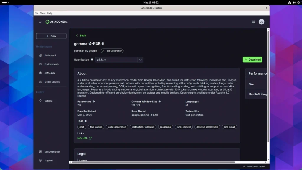 Anaconda Desktop model detail page for Gemma 4 E4B-it, showing model description, parameters, and a Download button