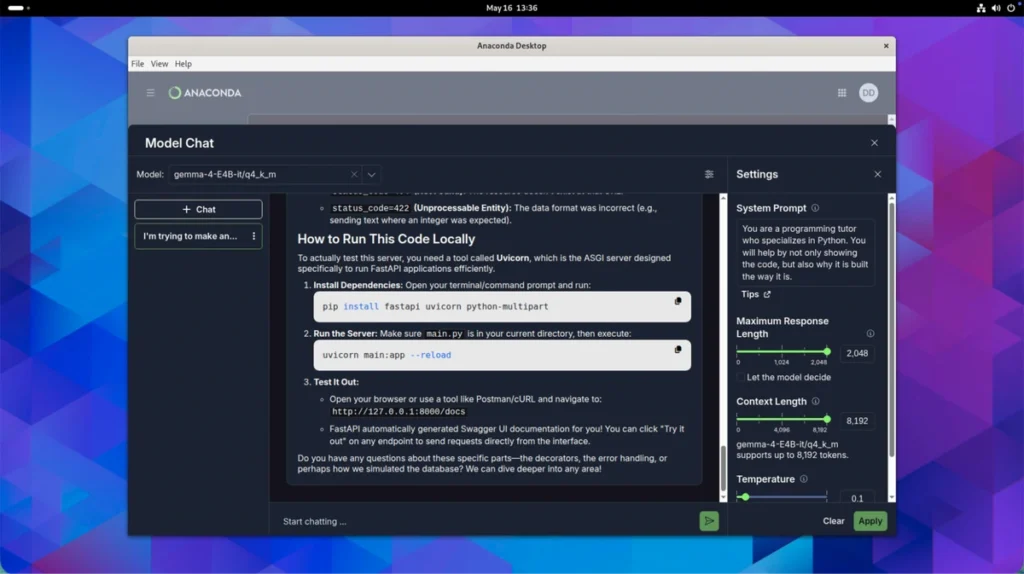 Anaconda Desktop Model Chat interface with a Python programming tutor system prompt entered in the Settings panel