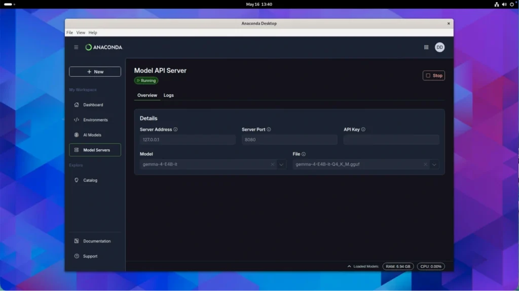 Anaconda Desktop Model Servers page showing the Model API Server with a "Running" status indicator