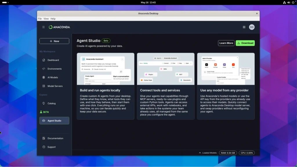 Anaconda Desktop Agent Studio beta landing page with options to build and run agents locally, connect tools and services, and use any AI provider