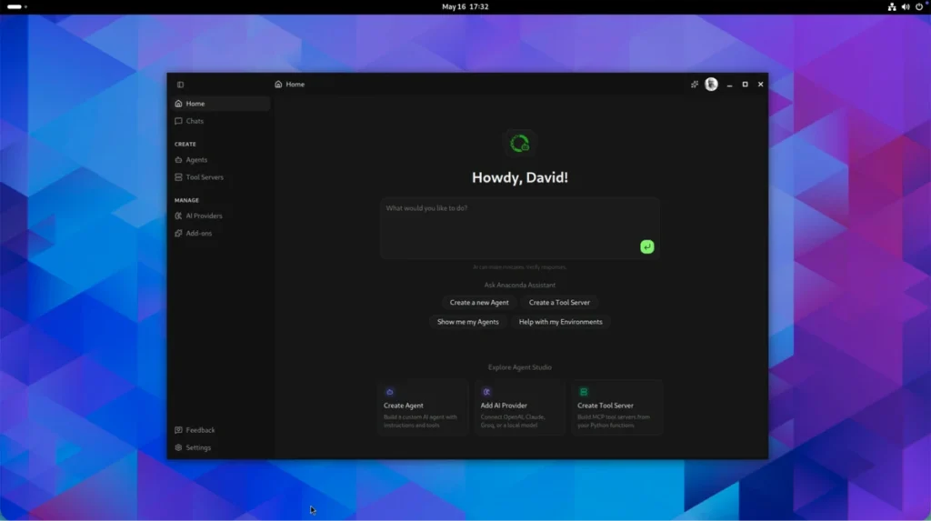 Anaconda Agent Studio home screen with a "Howdy, David!" greeting and quick-action buttons to create an agent, create a tool server, show agents, and help with environments
