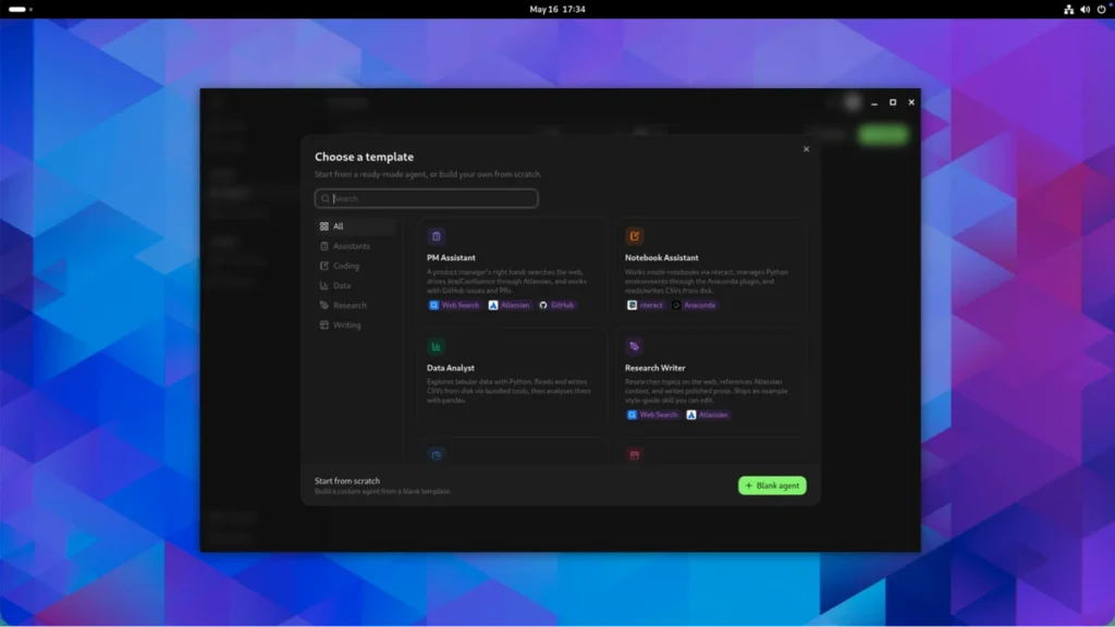 Anaconda Agent Studio "Choose a template" dialog displaying template options including PM Assistant, Notebook Assistant, Data Analyst, and Research Writer, with a "Start from scratch" option