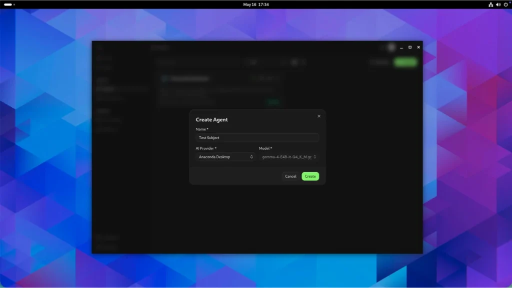 Anaconda Agent Studio Create Agent dialog with the name "Test Subject," AI Provider set to Anaconda Desktop, and a Gemma model selected