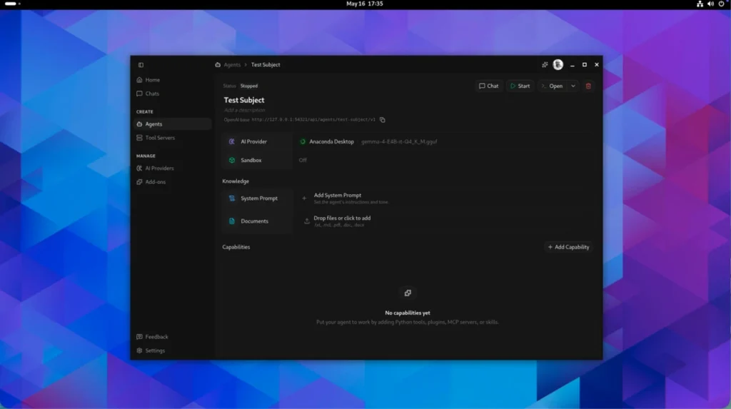 Anaconda Agent Studio configuration page for the Test Subject agent, showing AI Provider, Sandbox settings, and Knowledge and Capabilities sections