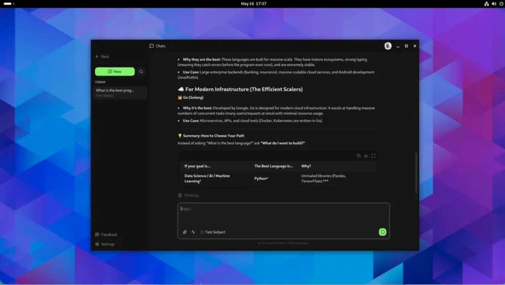 Anaconda Agent Studio chat interface showing the Test Subject agent's response to "What is the best programming language?" with a structured comparison table of languages by use case