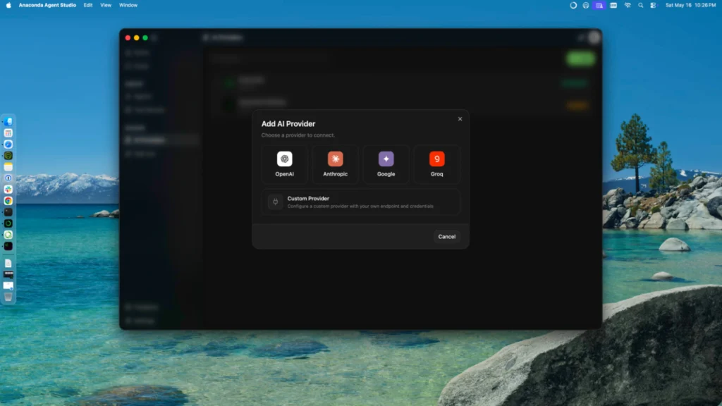 Anaconda Agent Studio "Add AI Provider" dialog showing OpenAI, Anthropic, Google, Groq, and Custom Provider options