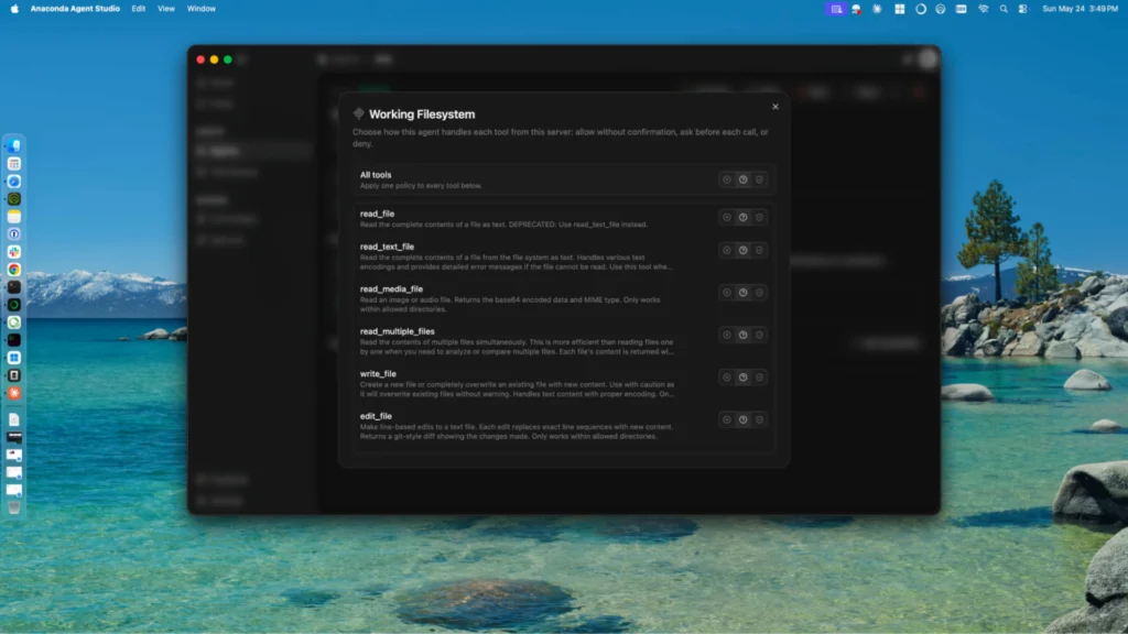 Working Filesystem MCP tool permissions screen listing read_file, write_file, and edit_file with allow/ask/deny controls
