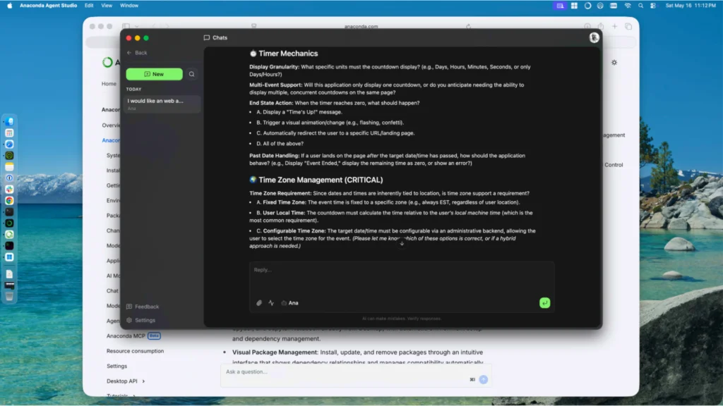 Ana agent chat asking clarifying requirements questions about timer mechanics and time zone handling for a countdown app