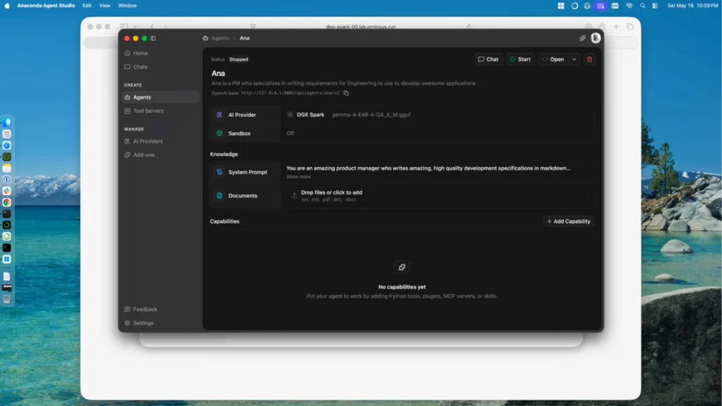 Ana agent's configuration page showing status, DGX Spark AI provider, and no capabilities added yet