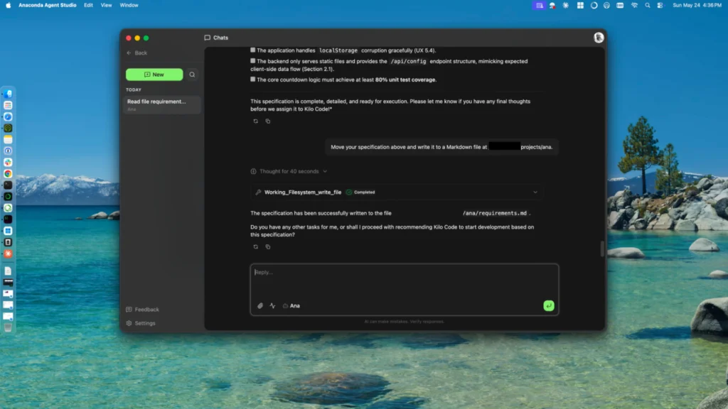 Ana agent chat confirming it wrote the completed requirements specification to a markdown file