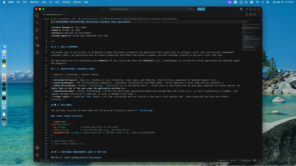 VS Code showing the generated requirements.md development specification for a multi-event countdown timer app