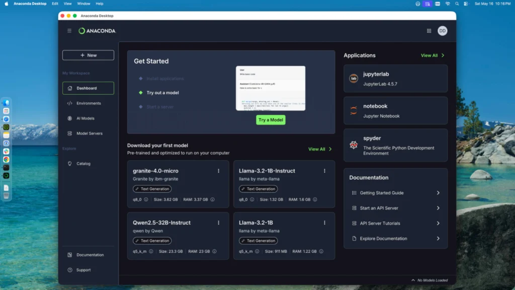 Anaconda Desktop dashboard on macOS showing Get Started options and installed applications like JupyterLab and Spyder