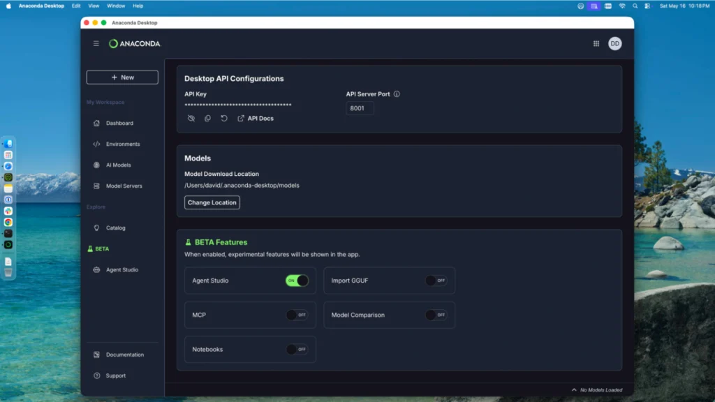 Anaconda Desktop settings page showing Beta Features toggles, including Agent Studio enabled