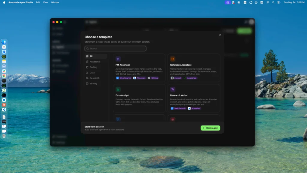 Agent Studio "Choose a template" screen with PM Assistant, Notebook Assistant, Data Analyst, and Research Writer templates