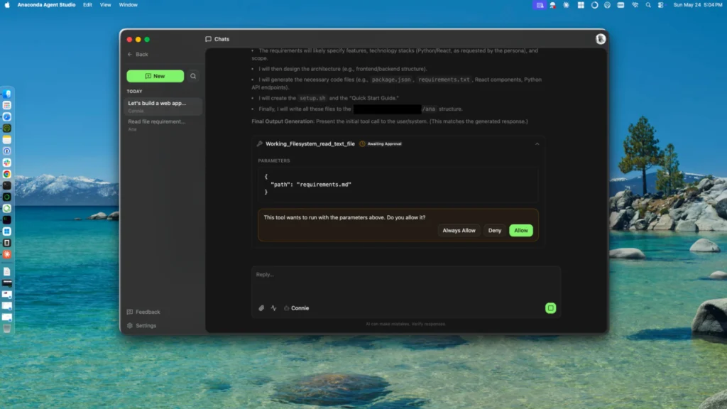 Connie agent chat requesting approval to run a Working Filesystem read_text_file tool call