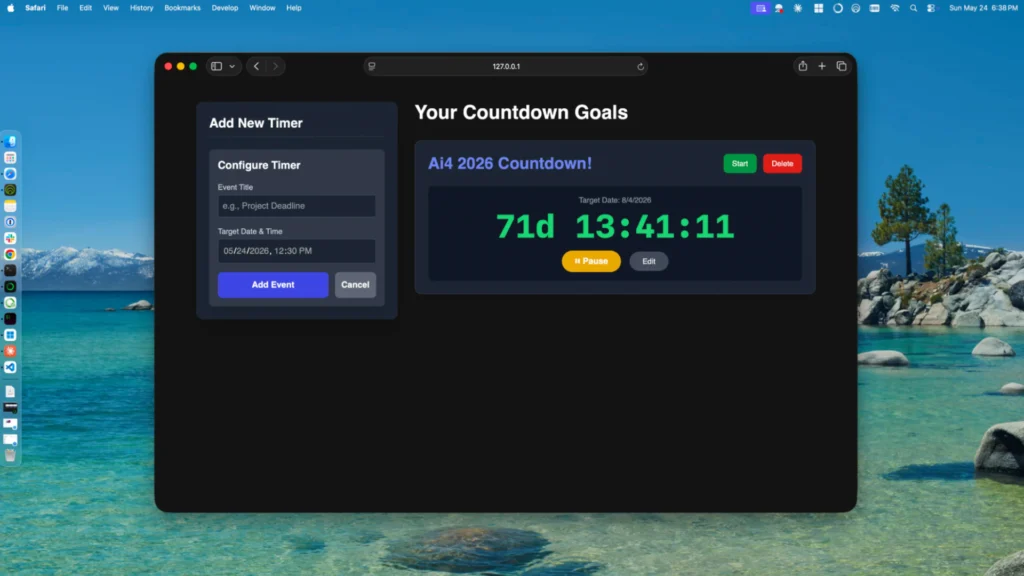Finished countdown timer web app displaying an "Ai4 2026 Countdown!" with live days/hours/minutes/seconds