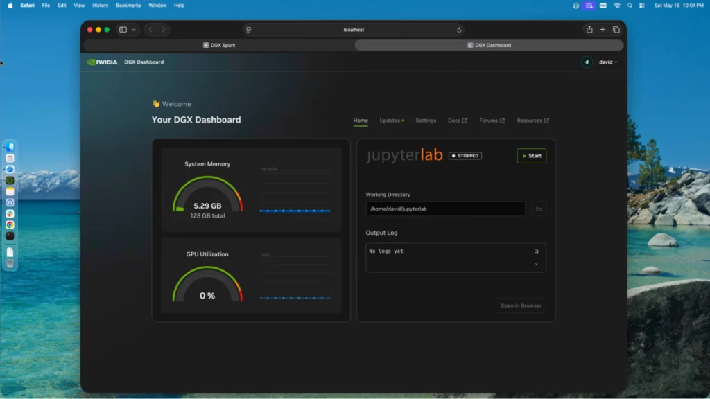 NVIDIA DGX Dashboard showing system memory and GPU utilization gauges alongside JupyterLab controls