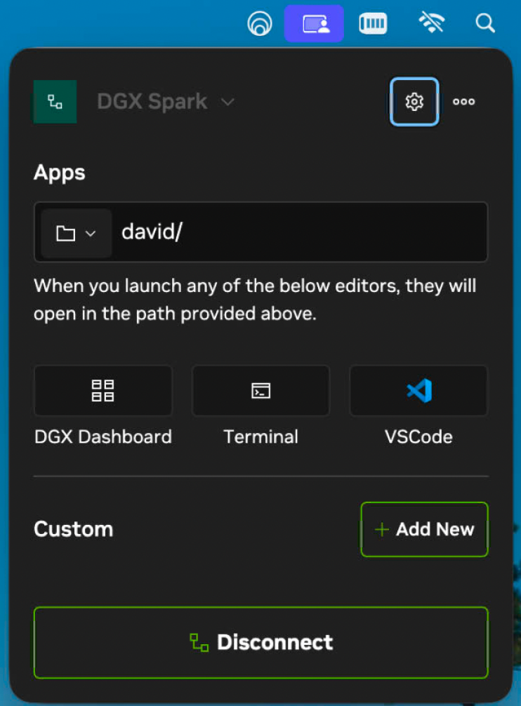 NVIDIA Sync app panel showing DGX Spark connection with quick launch buttons for DGX Dashboard, Terminal, and VS Code