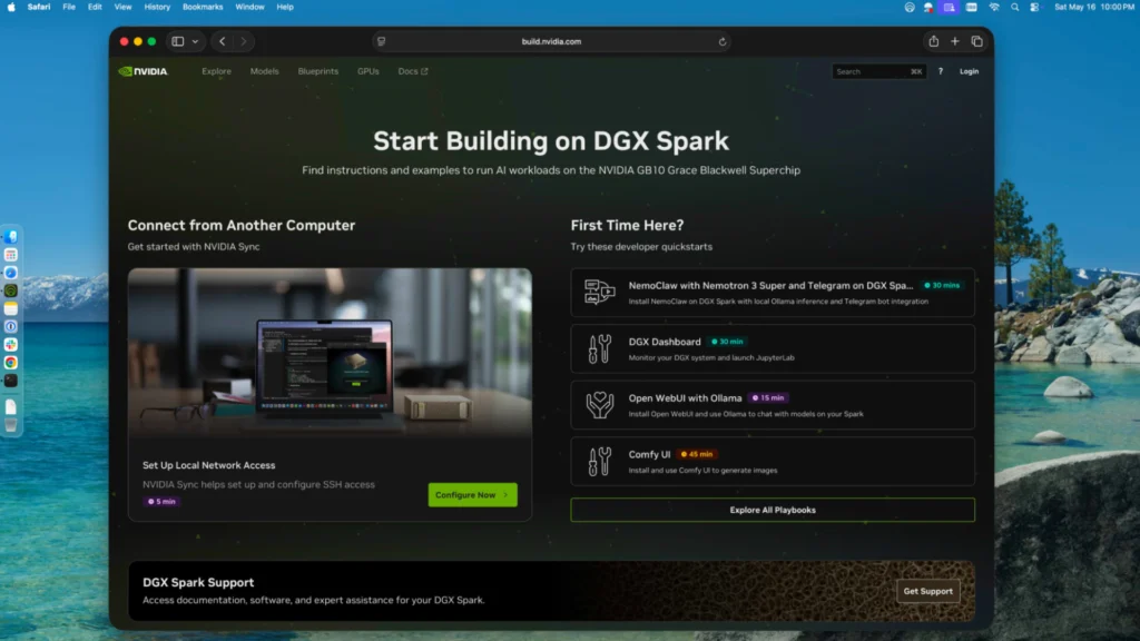 NVIDIA "Start Building on DGX Spark" landing page with developer quickstart guides and network setup instructions