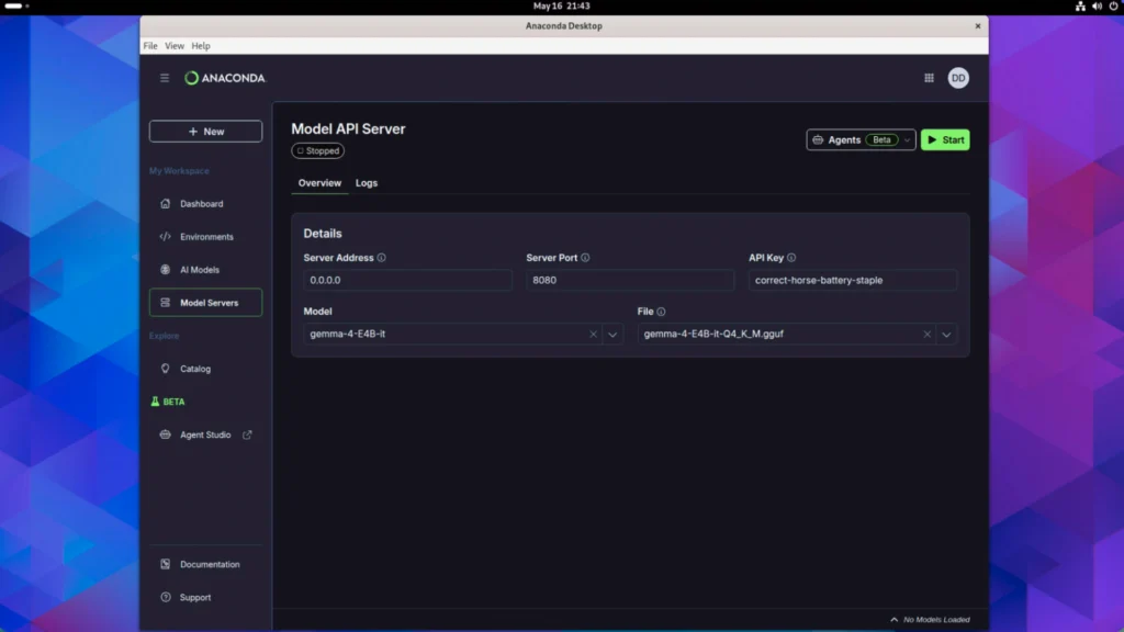 Anaconda Desktop Model API Server settings showing server address, port, API key, and selected model file